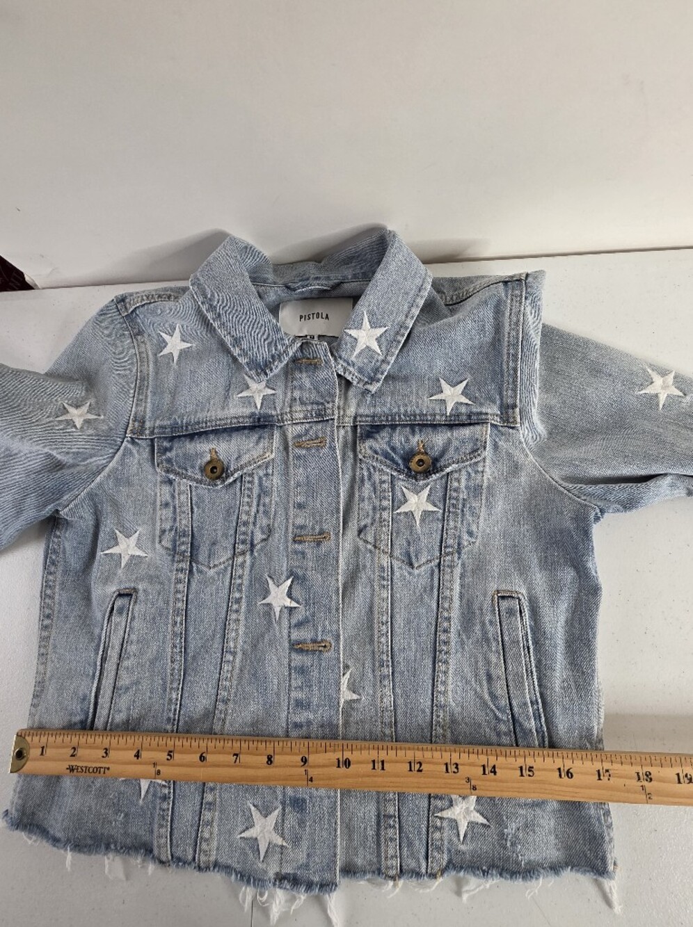 Pistola Brando Star Embroidered Jean Jacket Size M Light Wash Denim Raw Hem - Picture 7 of 12